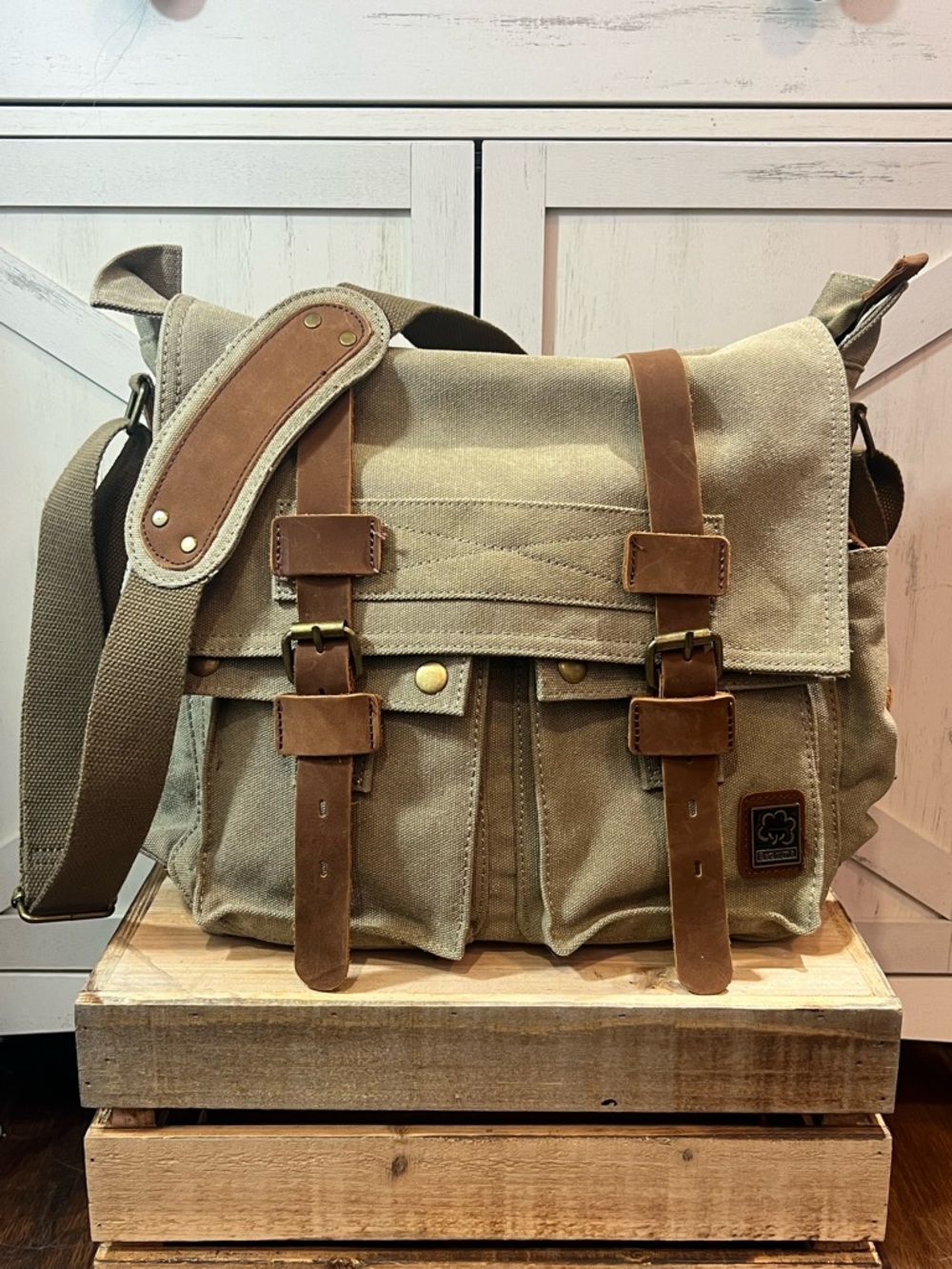 Sechunk Military Canvas/Leather 13” Messenger Bag, French Press Art Deco Design